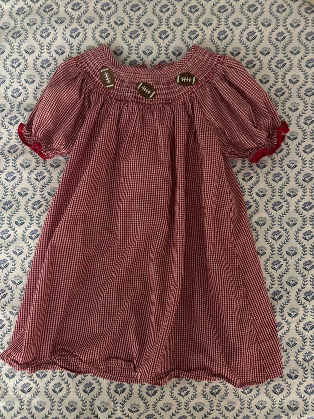 Girls' Red Gingham Smocked Dress with Football Appliqué